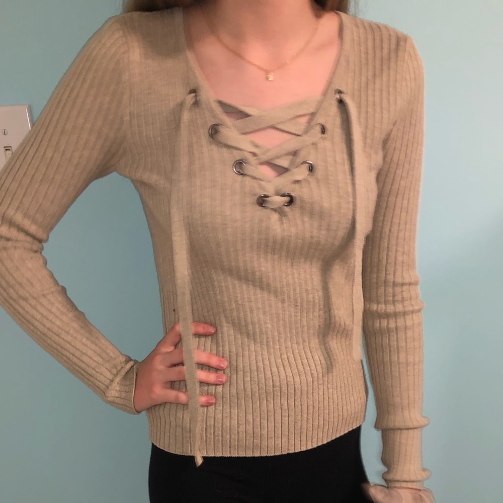 Tan tie up sweater